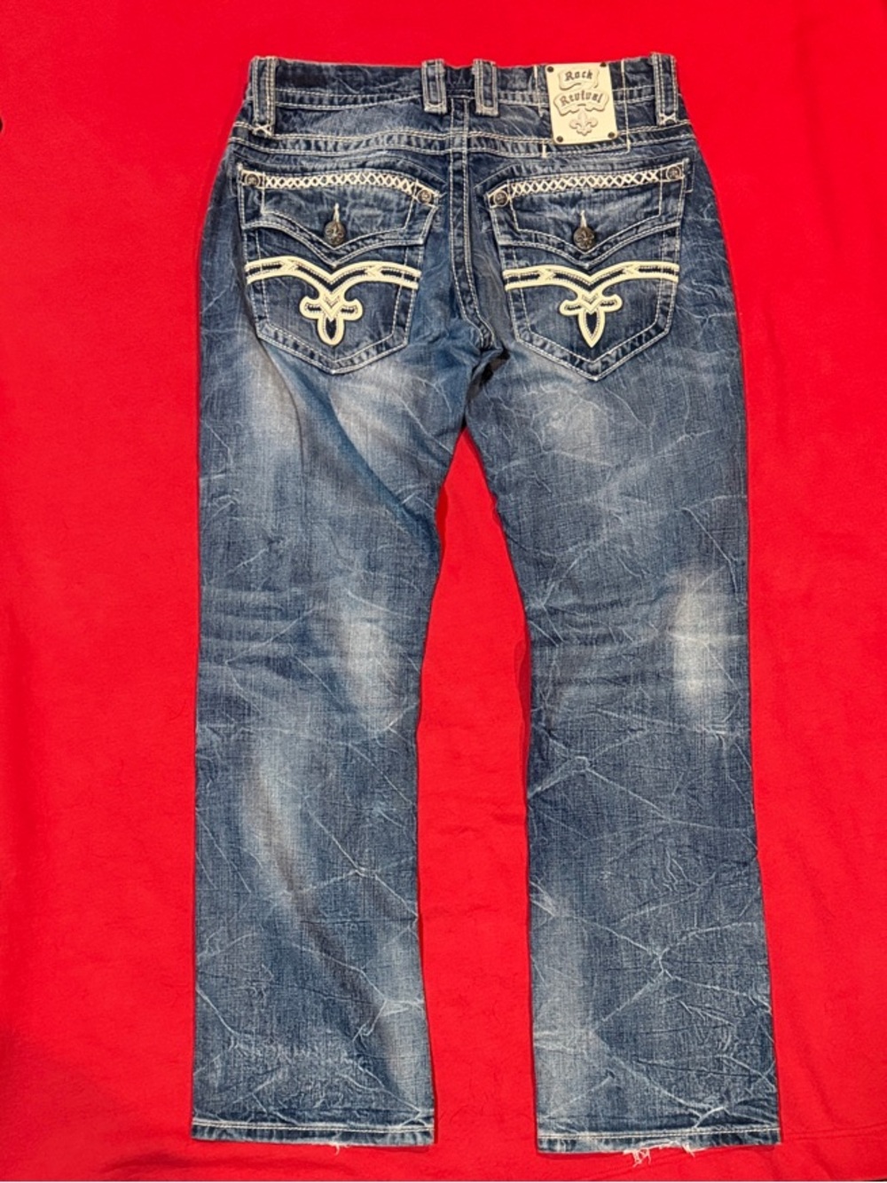 Rock Revival Benjamin Men’s Jeans 31 Distressed Fleur De Lis Straight Bootcut
